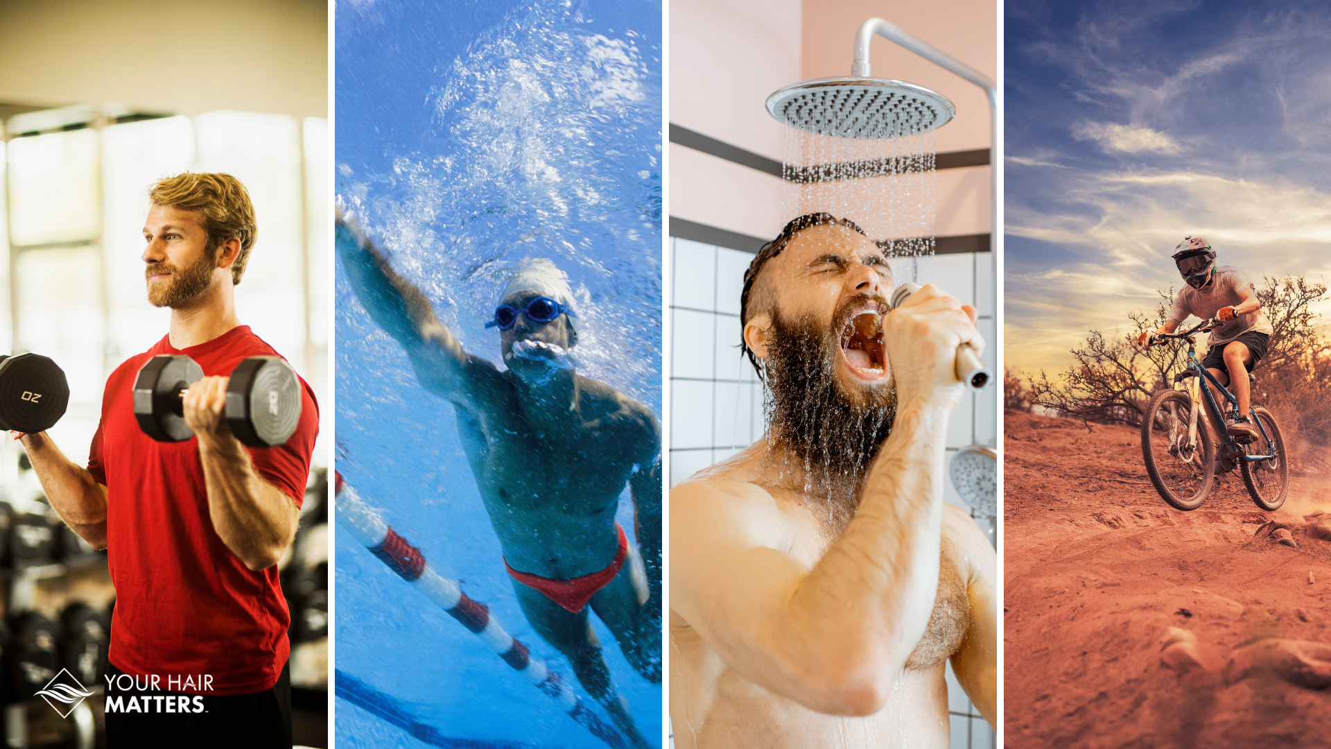 Men wearing hair systems engaged in various physical activities 
