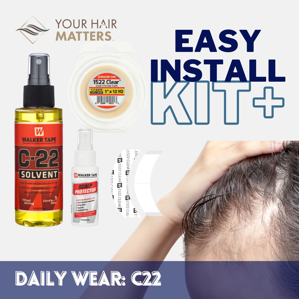 EASY INSTALL KIT *PLUS* - For Hair System DAILY WEAR with TAPE ROLL, 36 CONTOUR STRIPS, C22 SOLVENT, and SCALP PROTECTOR (WALKER)