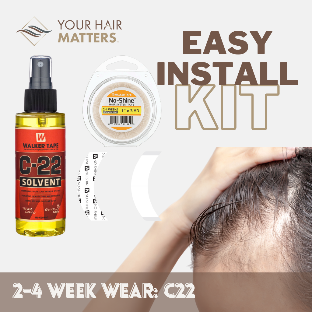 EASY INSTALL KIT - For Hair System 2-4 WEEK WEAR with TAPE ROLL, 36 CONTOUR STRIPS, and C22 SOLVENT (WALKER)